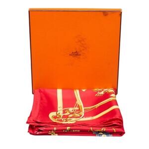 Hermes 90cm Red Gold Mors Et Gourmettes Henri d'Origny Silk Scarf